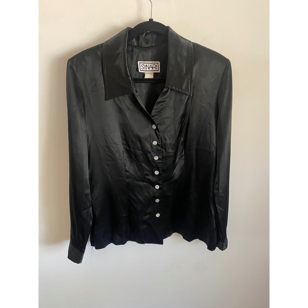 Synari Vintage Black Satin Button Down Blouse Long Sleeve Collared Top L